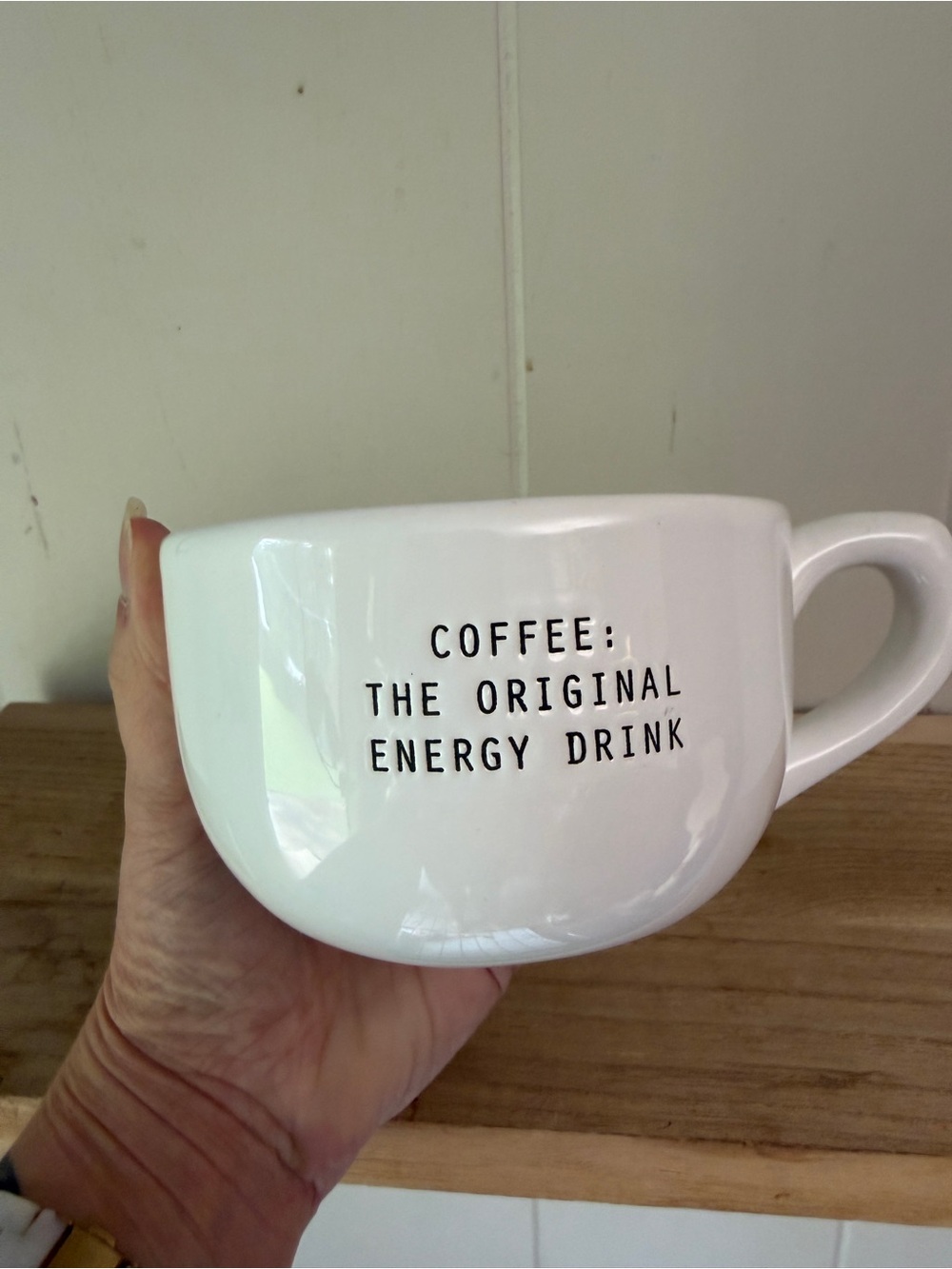 White Ceramic Coffee Mug with 'The Original Energy Drink' Text Mudpie